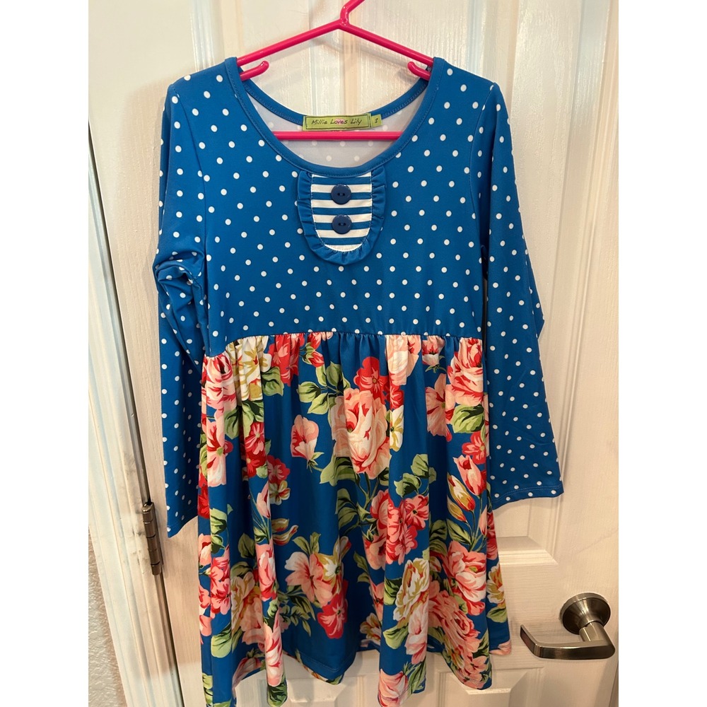 Millie Loves Lily Dress Blue Polka Dot Floral Long Sleeve Ruffle Bib Kids Size 8